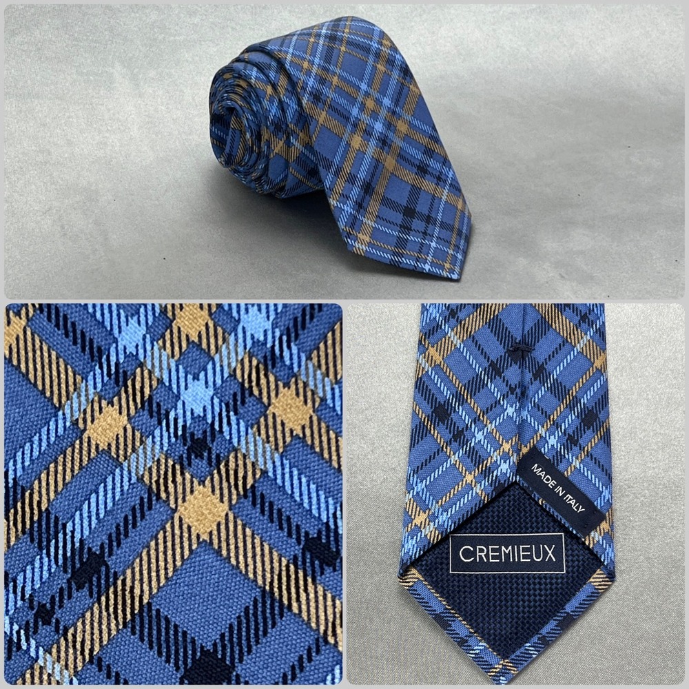 Cremieux Mens Blue Plaid Silk Cotton Blend Necktie Made in Italy Woven 57x3.25